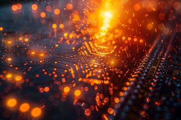 Poster - This image showcases a detailed, glowing circuit board with red bokeh lights symbolizing technology and data processing