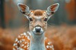 An endearing fawn stands alert in a mystical amber-hued forest, innocence and curiosity reflected in its tender eyes