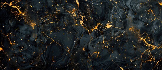 Wall Mural - A detailed shot showcasing the intricate black and gold marble texture resembling a natural landscape with elements like water, trees, grass, and palm trees