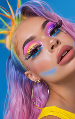 full face photo of a beautiful mixed race woman with pastel hair, colorful makeup, pink and purple eyeshadow, blue eyeliner, big hoop earrings, winged eyelashes, cat eye lashes