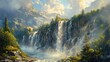 A majestic waterfall cascading down a rocky cliff, the power and movement depicted with dynamic oil strokes.