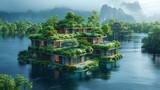 Fototapeta Lawenda - Sustainable Living with Waterfront Green Architecture Harmony
