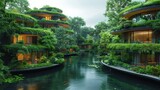 Fototapeta Lawenda - Eco-Luxury Waterfront Homes Nestled in Lush Greenery