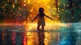 Fototapeta Lawenda - A Joyful Child's Play in a Rain-Soaked Colorful Evening