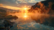 A Beautiful Sunset Over A Lake With Steam Rising From The Water. The Sky Is Filled With Clouds, And The Sun Is Setting Behind The Mountains. The Steam Rising From The Water Creates A Serene