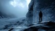 A man stands in front of a large ice wall. The sky is dark and cloudy, and the man is wearing a black jacket. Scene is somber and mysterious