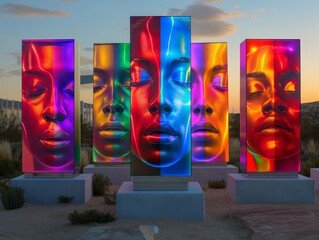 Wall Mural - A series of colorful faces are displayed in a desert setting. The faces are illuminated and appear to be glowing, creating a sense of wonder and intrigue