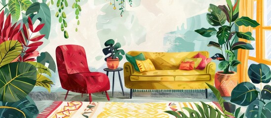 Wall Mural - A vibrant living room decorated with a yellow couch, red chair, and potted plants. The colorful furniture adds a touch of art to the interior design