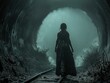 A woman is walking down a dark tunnel. The tunnel is long and narrow, and the woman is the only one in it. Scene is eerie and mysterious, as the viewer is left to wonder what lies beyond the tunnel