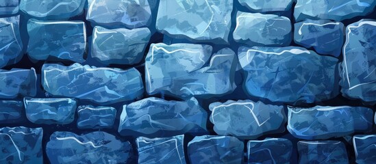 Poster - A close up of a grey cobblestone wall with rectangle patterns in electric blue, resembling a modern artwork. The symmetry creates a unique building facade or road surface