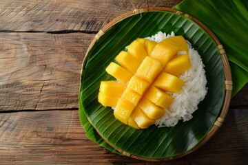 Sticker - Sticky rice and mango dessert on banana leaf wooden surface overhead view