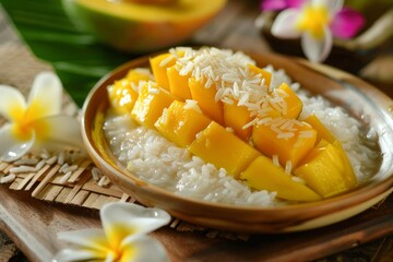 Sticker - Thai dessert with sweet mango coconut milk Mango shaped like a rose Thai sticky rice