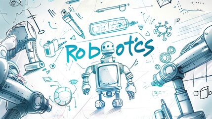 Wall Mural - Colorful illustration of a robot with tech-themed elements and the word 'Robotics'.