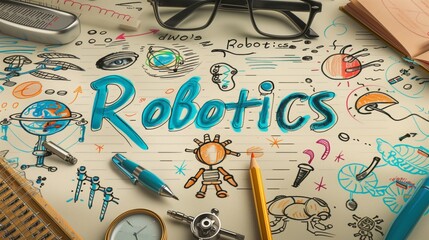 Wall Mural - Colorful robotics-themed doodles surrounded by educational items on a desk.