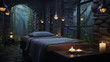 Salon de massage dans un endroit calme, exotique. Lumière tamisée, bougie, nature. Spa, bien-être, relaxation, détente. Pour conception et création graphique.