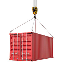 Poster - 3d rendering of closed red cargo container suspended from crane, isolated on white background.