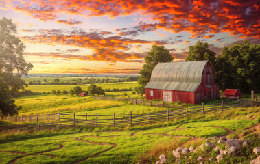 Wall Mural - landscape with a barn in the early morning created with Generative AI technology