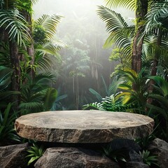 Wall Mural - Stone platform pedestal in tropical forest for product presentation 