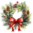 Festive watercolor wreath with pine cones and holly, tied with red bow