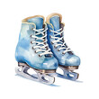 Stylish watercolor blue ice skates with white laces isolated on white background.