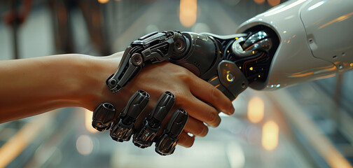 Poster - Close-up of handshake. A robotic hand shaking hands with a human female hand, an allegory of cooperation achieved. Generative AI.
