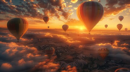 Wall Mural - Sunset full of hot air balloons, landscapes and ultra-realistic objects. Generative AI.