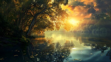 Wall Mural - Beautiful paradise landscape picture, sky and clouds, nature, grass, meadow, river, wallpaper background