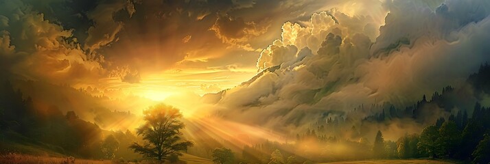 Wall Mural - Beautiful paradise landscape picture, sky and clouds, nature, grass, meadow, river, wallpaper background