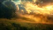 Beautiful paradise landscape picture, sky and clouds, nature, grass, meadow, river, wallpaper background