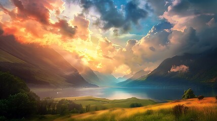  Beautiful paradise landscape picture, sky and clouds, nature, grass, meadow, river, wallpaper background