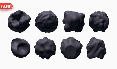 Poster - Set of Metaball shapes of objects realistic 3d design. Collection Meteorites asteroids comet Round ball spherical elements. Vector illustration