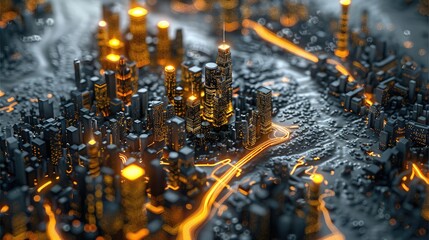 Aufkleber - Translucent and abstract light black 3D plastic model of a small coastal city with dim glowing yellow street lines. top view. Generative AI.