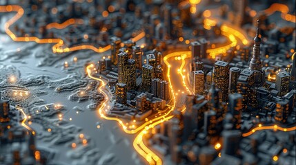 Aufkleber - Translucent and abstract light black 3D plastic model of a small coastal city with dim glowing yellow street lines. top view. Generative AI.