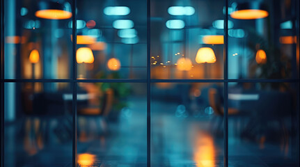 Aufkleber - A blurry, out-of-focus shot of a business room in darkness with two lights visible inside, hinting at what lies beyond it. Generative AI.