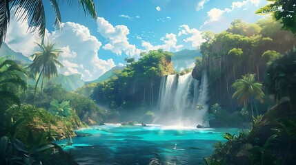 Wall Mural - Beautiful paradise landscape picture, sky and clouds, nature, grass, meadow, river, wallpaper background