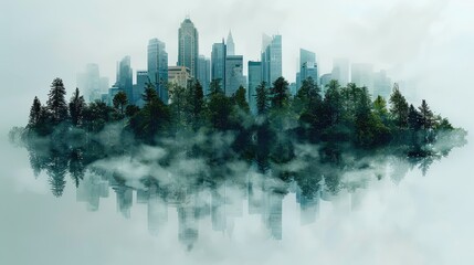 a double exposure of a lush forest overlaying a polluted cityscape symbolizes the need for environme