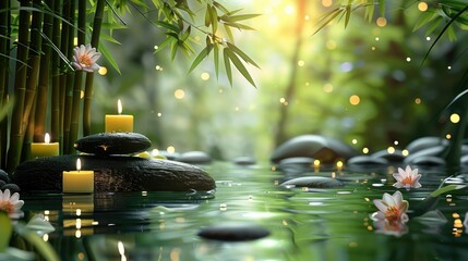 Wall Mural - Meditation bamboo background with flowers and stones and water and candles. Generative AI.