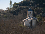Fototapeta Londyn - Nuestra Señora de la Asunción, parish church of San Juan de Paluezas, located at the top of the town and surrounded by large trees allowing a glimpse between the branches of deciduous trees