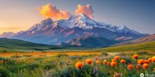 A Majestic Panorama Of Snow-capped Mountains Rising Above A Vast Expanse Of Emerald Green Fields, Bathed In The Soft Glow Of The Rising Sun Against A Pastel-colored Sky.