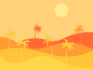 Desert landscape with palm trees and sand dunes. Silhouettes of palm trees at sunrise in the desert. Wavy landscape with sand dunes. Design for print, banners and posters. Vector illustration