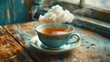 Cozy Moment with Steaming Cup of Tea on Rustic Wooden Table