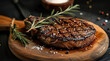 A large, perfectly grilled steak on an old wooden board with rosemary and salt. The background is dark wood. Generative AI.