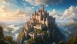 Majestic castle perched atop a breathtaking cliff, enveloped by clouds and waterfalls. It's a fantasy kingdom lifted from a fairytale, serene and sovereign.. AI Generation