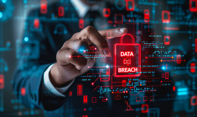 Cybersecurity breach warning. Businessman pointing at red data breach alert icon on digital interface, highlighting unauthorized access risks, need for robust data protection measures in organizations