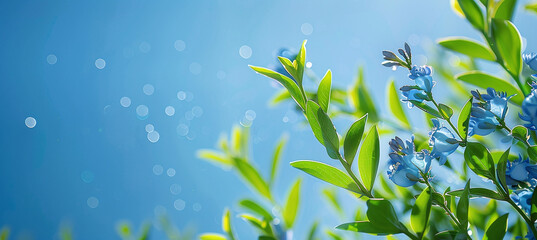 Canvas Print - branch of a plant with blue flowers and green leaves standing against a background of a bright azure