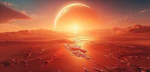 Poster - Mars landscape in the foreground, futuristic style, red and orange colors. Generative AI.