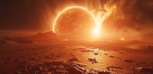 Poster - Mars landscape in the foreground, futuristic style, red and orange colors. Generative AI.