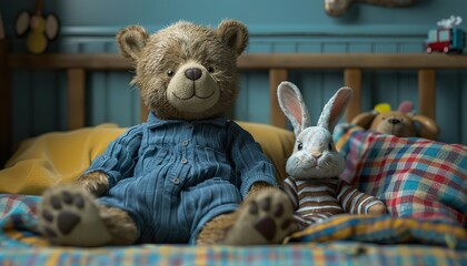 Sticker - Teddy bear and rabbit doll in the children's room on wall background.