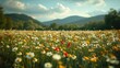 Blooming Flower Filled Meadow with Mountain Backdrop in Scenic Countryside Landscape