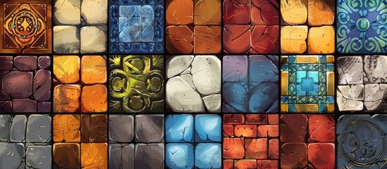 Poster - The picture displays various types of tiles with diverse patterns and colors, including electric blue glass tiles. The symmetry and design create a visually striking facade